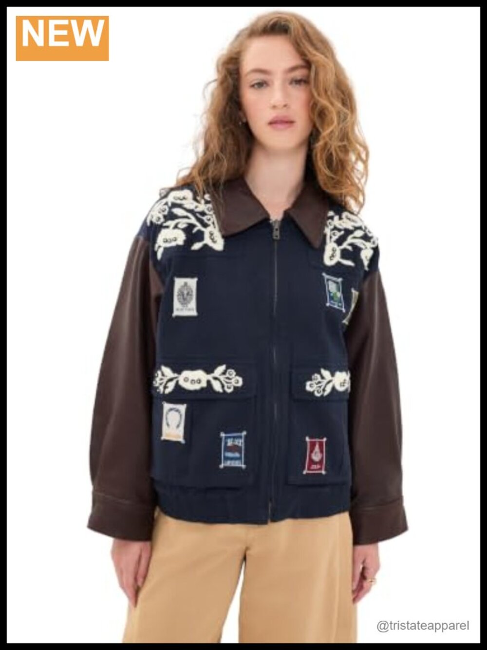 Embroidered Twill Jacket Leather Sleeves Flap Pockets